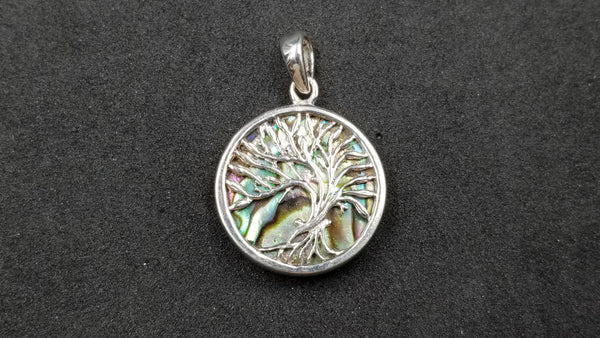 STERLING SILVER W/ ABALONE SHELL TREE OF LIFE PENDANT ( ROUND )SMALL SIZE