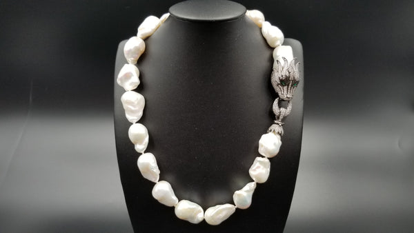 FRESHWATER NUCLEUS BAROQUE PEARLS W/ STERLING SILVER AND CRYSTAL DRAGON CLASP NECKLACE