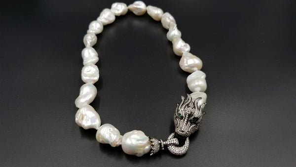 FRESHWATER NUCLEUS BAROQUE PEARLS W/ STERLING SILVER AND CRYSTAL DRAGON CLASP NECKLACE