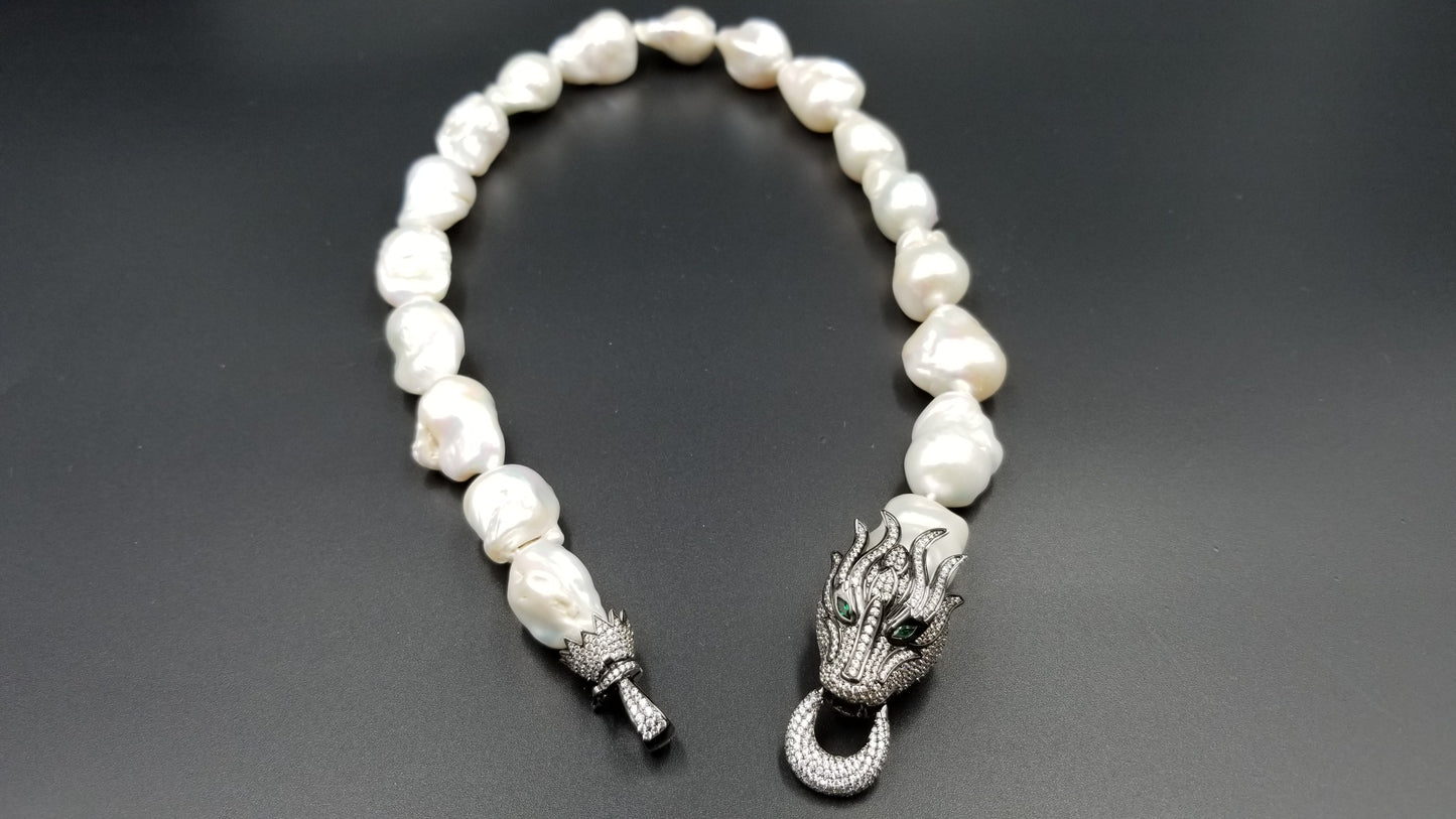 FRESHWATER NUCLEUS BAROQUE PEARLS W/ STERLING SILVER AND CRYSTAL DRAGON CLASP NECKLACE