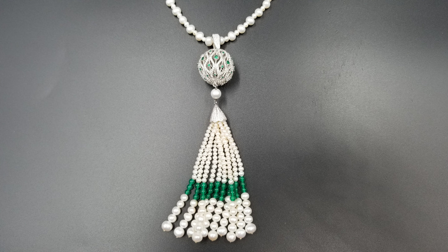 FRESHWATER PEARLS W/ CRYSTALS 925 STERLING SILVER CLASP VINTAGE NECKLACE