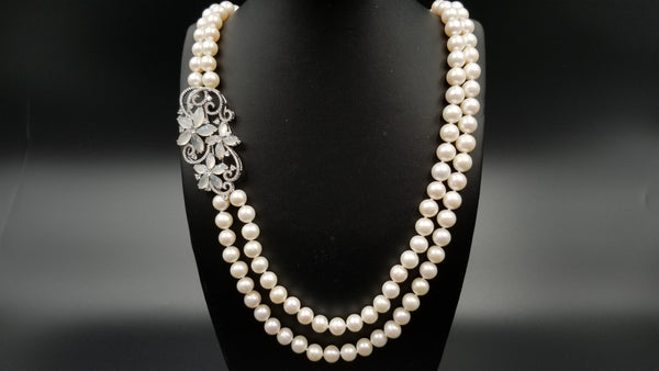 FRESHWATER PEARLS DOUBLE ROWS W/ CRYSTALS 925 STERLING SILVER PIN VINTAGE DESIGN NECKLACE