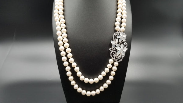 FRESHWATER PEARLS DOUBLE ROWS W/ CRYSTALS 925 STERLING SILVER PIN VINTAGE DESIGN NECKLACE