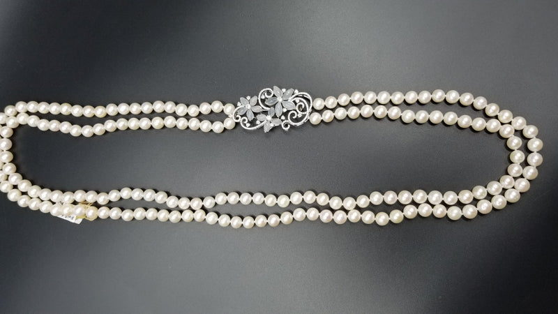 FRESHWATER PEARLS DOUBLE ROWS W/ CRYSTALS 925 STERLING SILVER PIN VINTAGE DESIGN NECKLACE