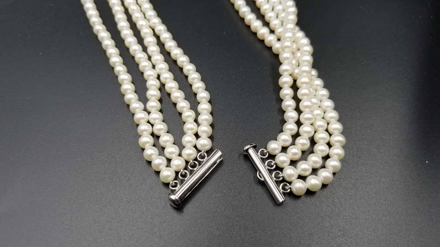 FRESHWATER PEARLS W/ CRYSTALS 925 STERLING SILVER BAR 4 ROWS VINTAGE DESIGN KNOT PROMISE NECKLACE