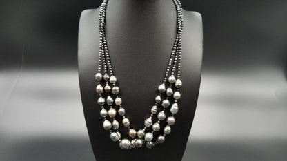 TAHITIAN BAROQUE PEARLS W/ HEMATITES TRIPLE ROWS NECKLACE