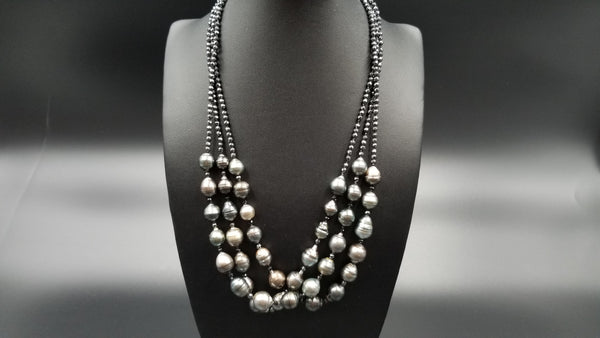 TAHITIAN BAROQUE PEARLS W/ HEMATITES TRIPLE ROWS NECKLACE