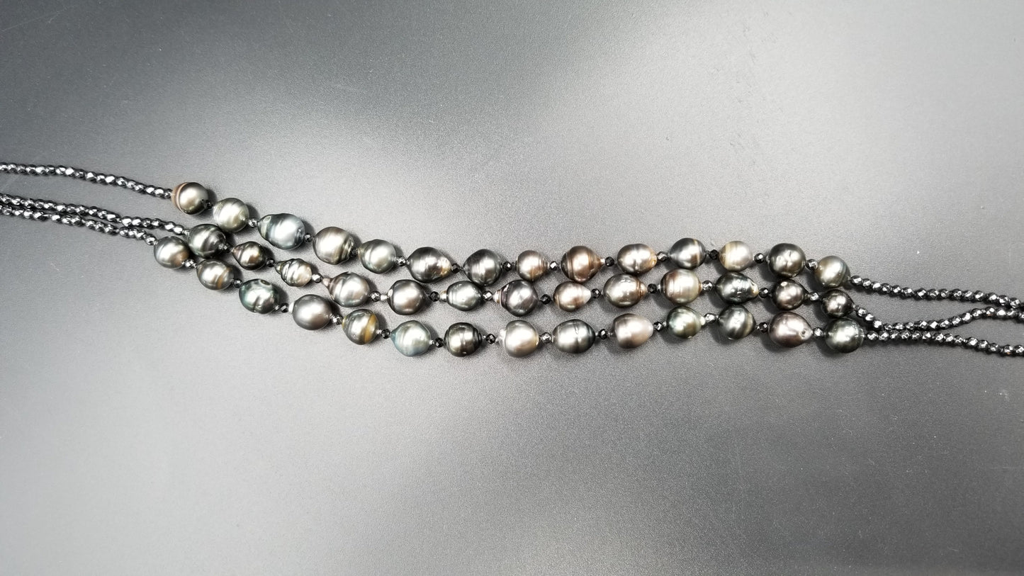 TAHITIAN BAROQUE PEARLS W/ HEMATITES TRIPLE ROWS NECKLACE