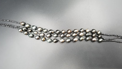TAHITIAN BAROQUE PEARLS W/ HEMATITES TRIPLE ROWS NECKLACE