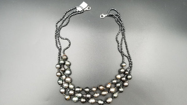 TAHITIAN BAROQUE PEARLS W/ HEMATITES TRIPLE ROWS NECKLACE