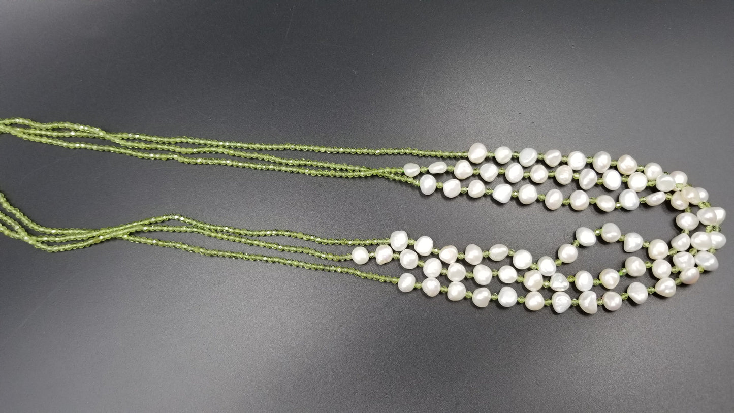 FRESHWATER CULTURE PEARLS W/ PERIDOTS TRIPLE NECKLACE