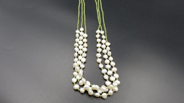 FRESHWATER CULTURE PEARLS W/ PERIDOTS TRIPLE NECKLACE