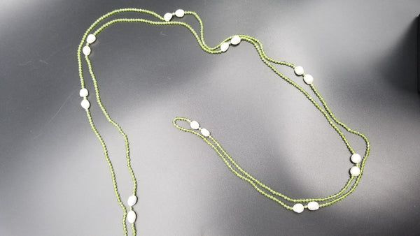 FRESHWATER PEARLS W/ PERIDOTS SUPER LONG SINGLE NECKLACE 55 "