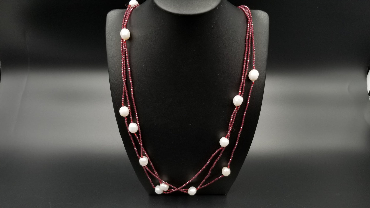 FRESHWATER PEARLS W/ GARNET BEADS TRIPLE ROWS NECKLACE