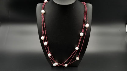 FRESHWATER PEARLS W/ GARNET BEADS TRIPLE ROWS NECKLACE