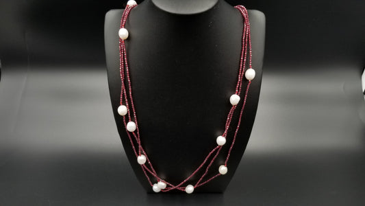 FRESHWATER PEARLS W/ GARNET BEADS TRIPLE ROWS NECKLACE