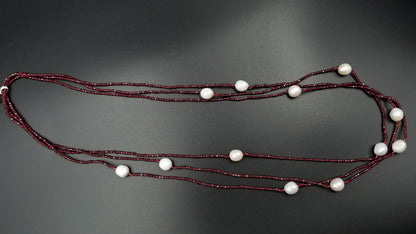 FRESHWATER PEARLS W/ GARNET BEADS TRIPLE ROWS NECKLACE