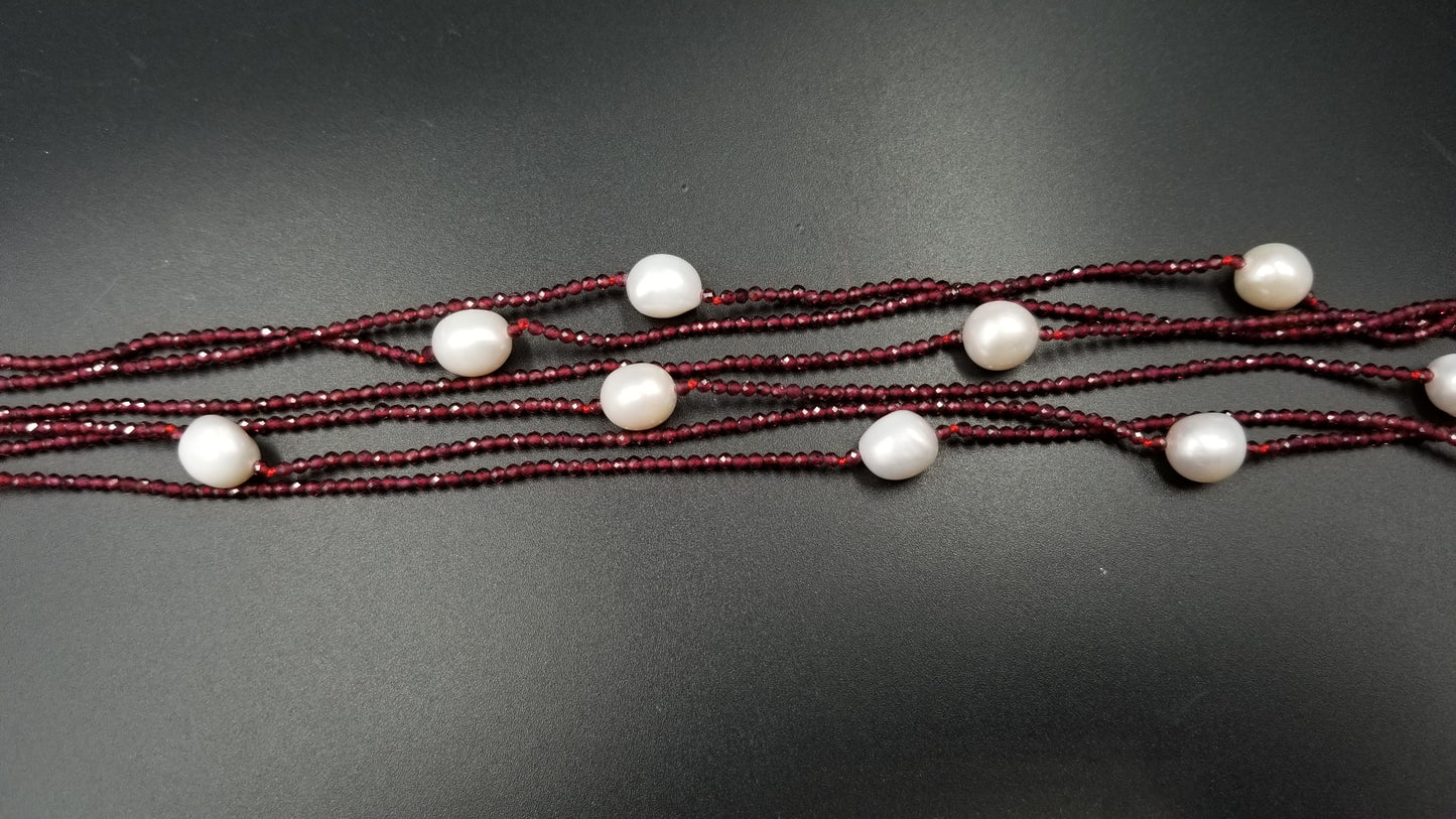 FRESHWATER PEARLS W/ GARNET BEADS TRIPLE ROWS NECKLACE