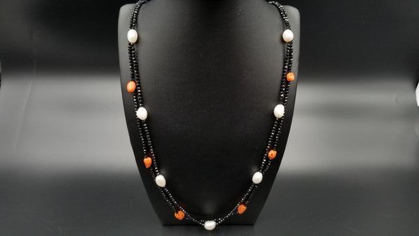 FRESHWATER CULTURE PEARLS W/ BAMBOO CORAL BEADS AND BLACK SPINAL DOUBLE NECKLACE