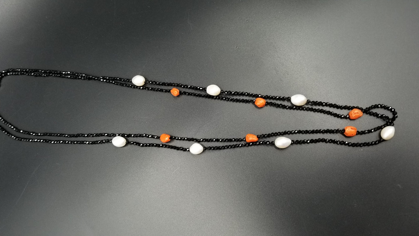 FRESHWATER CULTURE PEARLS W/ BAMBOO CORAL BEADS AND BLACK SPINAL DOUBLE NECKLACE