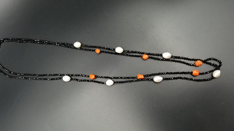 FRESHWATER CULTURE PEARLS W/ BAMBOO CORAL BEADS AND BLACK SPINAL DOUBLE NECKLACE