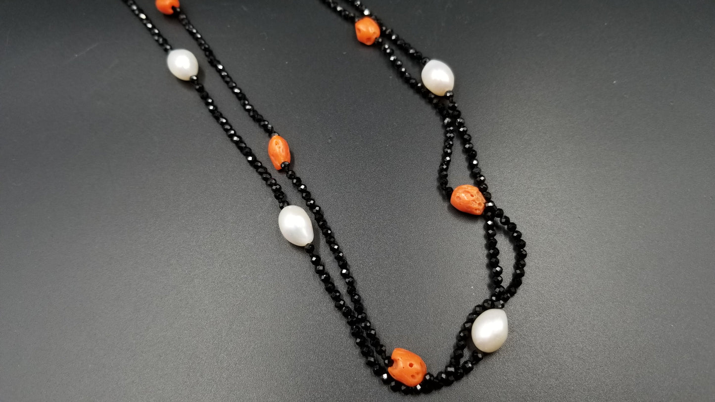 FRESHWATER CULTURE PEARLS W/ BAMBOO CORAL BEADS AND BLACK SPINAL DOUBLE NECKLACE