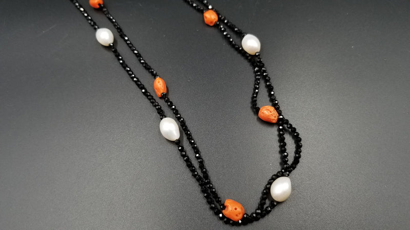 FRESHWATER CULTURE PEARLS W/ BAMBOO CORAL BEADS AND BLACK SPINAL DOUBLE NECKLACE