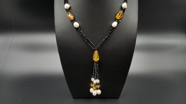 FRESHWATER CULTURE PEARLS W/ AMBER AND BLACK SPINAL VINTAGE DESIGN DOUBLE NECKLACE