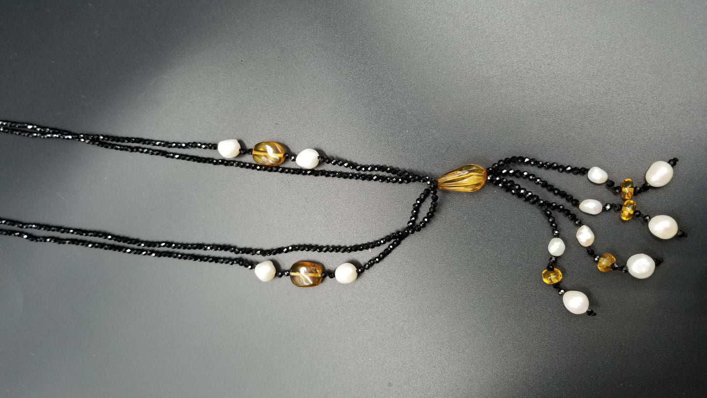 FRESHWATER CULTURE PEARLS W/ AMBER AND BLACK SPINAL VINTAGE DESIGN DOUBLE NECKLACE
