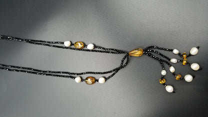 FRESHWATER CULTURE PEARLS W/ AMBER AND BLACK SPINAL VINTAGE DESIGN DOUBLE NECKLACE