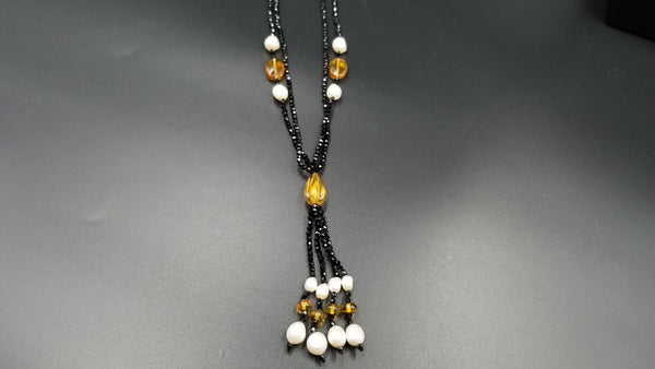 FRESHWATER CULTURE PEARLS W/ AMBER AND BLACK SPINAL VINTAGE DESIGN DOUBLE NECKLACE