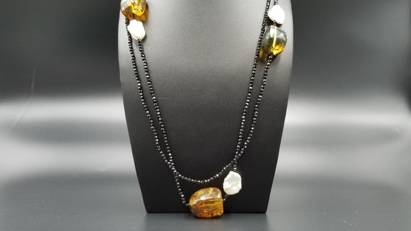 FRESHWATER KESHI PEARLS W/ AMBER AND BLACK SPINAL DOUBLE NECKLACE