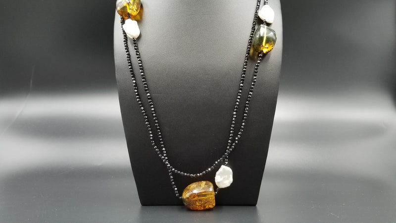 FRESHWATER KESHI PEARLS W/ AMBER AND BLACK SPINAL DOUBLE NECKLACE