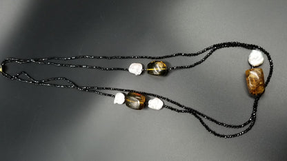 FRESHWATER KESHI PEARLS W/ AMBER AND BLACK SPINAL DOUBLE NECKLACE