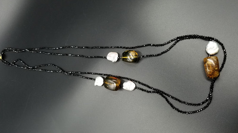FRESHWATER KESHI PEARLS W/ AMBER AND BLACK SPINAL DOUBLE NECKLACE