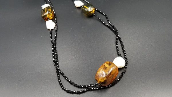 FRESHWATER KESHI PEARLS W/ AMBER AND BLACK SPINAL DOUBLE NECKLACE