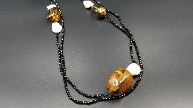 FRESHWATER KESHI PEARLS W/ AMBER AND BLACK SPINAL DOUBLE NECKLACE