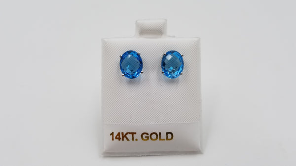 BLUE TOPAZ 8X10 MM CHECKER BOARD CUT OVAL 14 KT WHITE GOLD PRONG SET STUDS EARRINGS