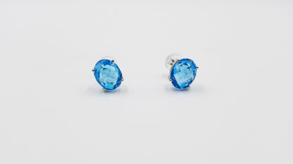 BLUE TOPAZ 8X10 MM CHECKER BOARD CUT OVAL 14 KT WHITE GOLD PRONG SET STUDS EARRINGS