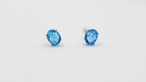 BLUE TOPAZ 8X10 MM CHECKER BOARD CUT OVAL 14 KT WHITE GOLD PRONG SET STUDS EARRINGS