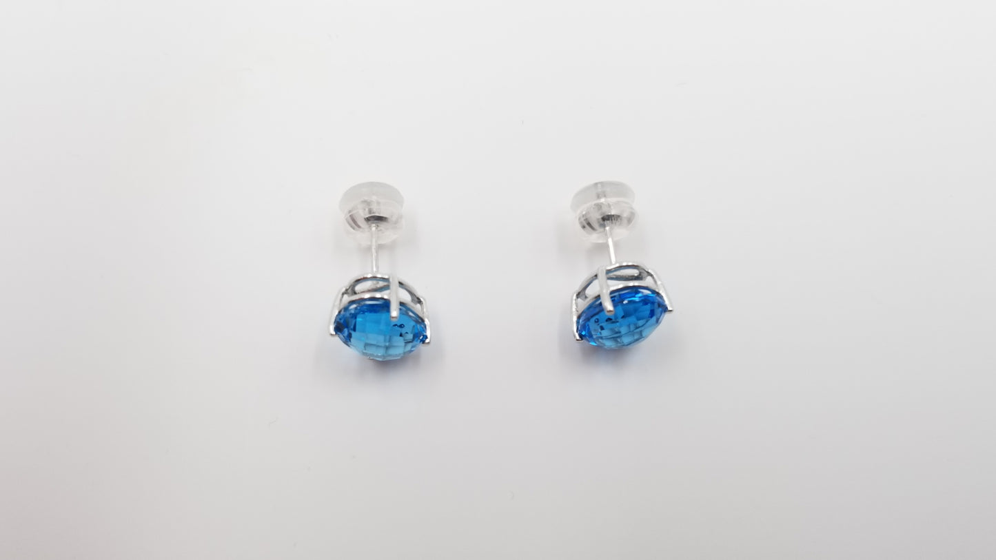 BLUE TOPAZ 8X10 MM CHECKER BOARD CUT OVAL 14 KT WHITE GOLD PRONG SET STUDS EARRINGS