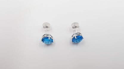 BLUE TOPAZ 8X10 MM CHECKER BOARD CUT OVAL 14 KT WHITE GOLD PRONG SET STUDS EARRINGS