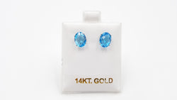 BLUE TOPAZ 7X9 MM CHECKER BOARD CUT OVAL 14 KT WHITE GOLD PRONG SET STUDS EARRINGS