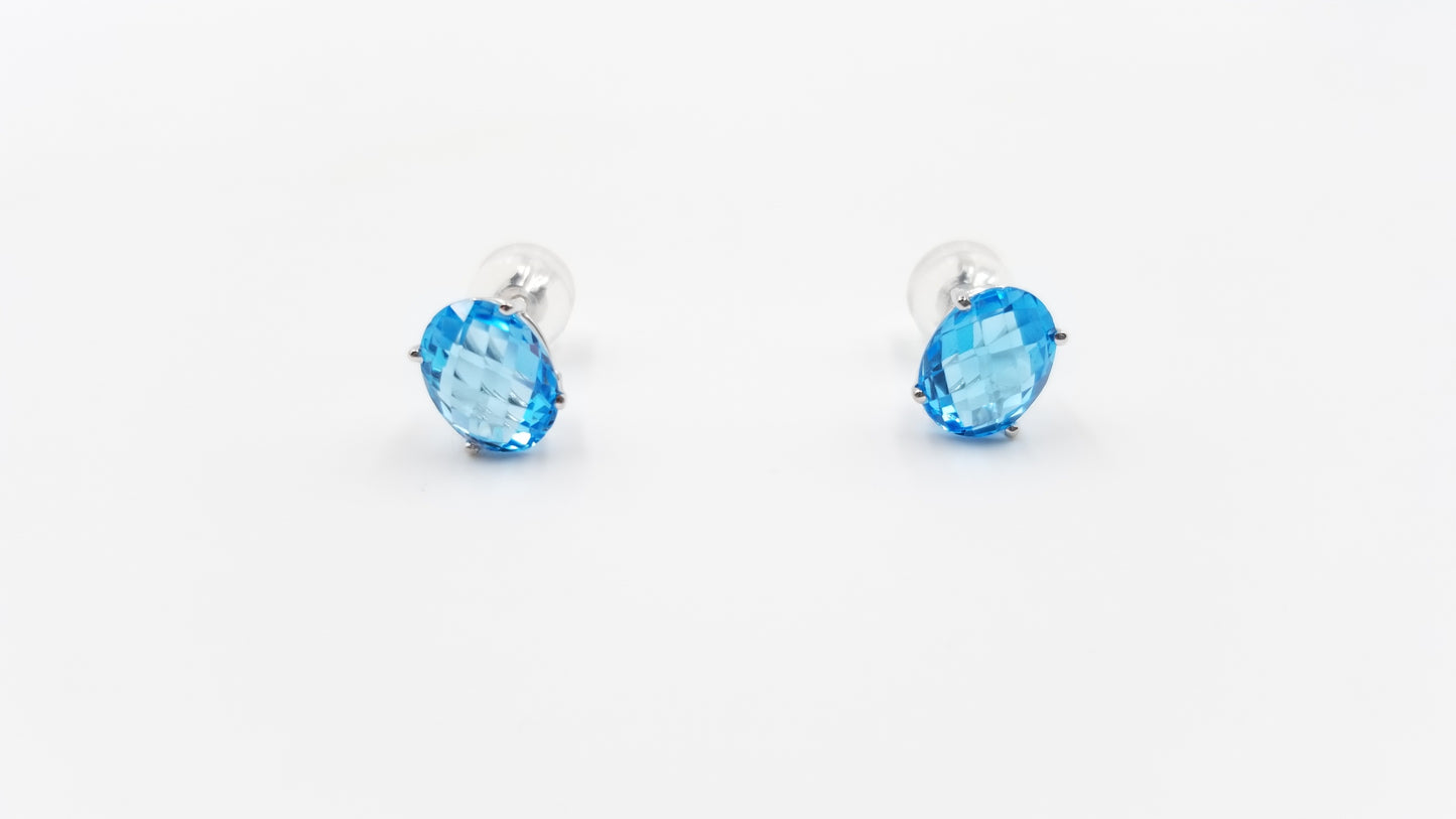 BLUE TOPAZ 7X9 MM CHECKER BOARD CUT OVAL 14 KT WHITE GOLD PRONG SET STUDS EARRINGS