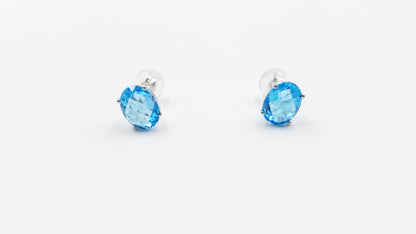 BLUE TOPAZ 7X9 MM CHECKER BOARD CUT OVAL 14 KT WHITE GOLD PRONG SET STUDS EARRINGS