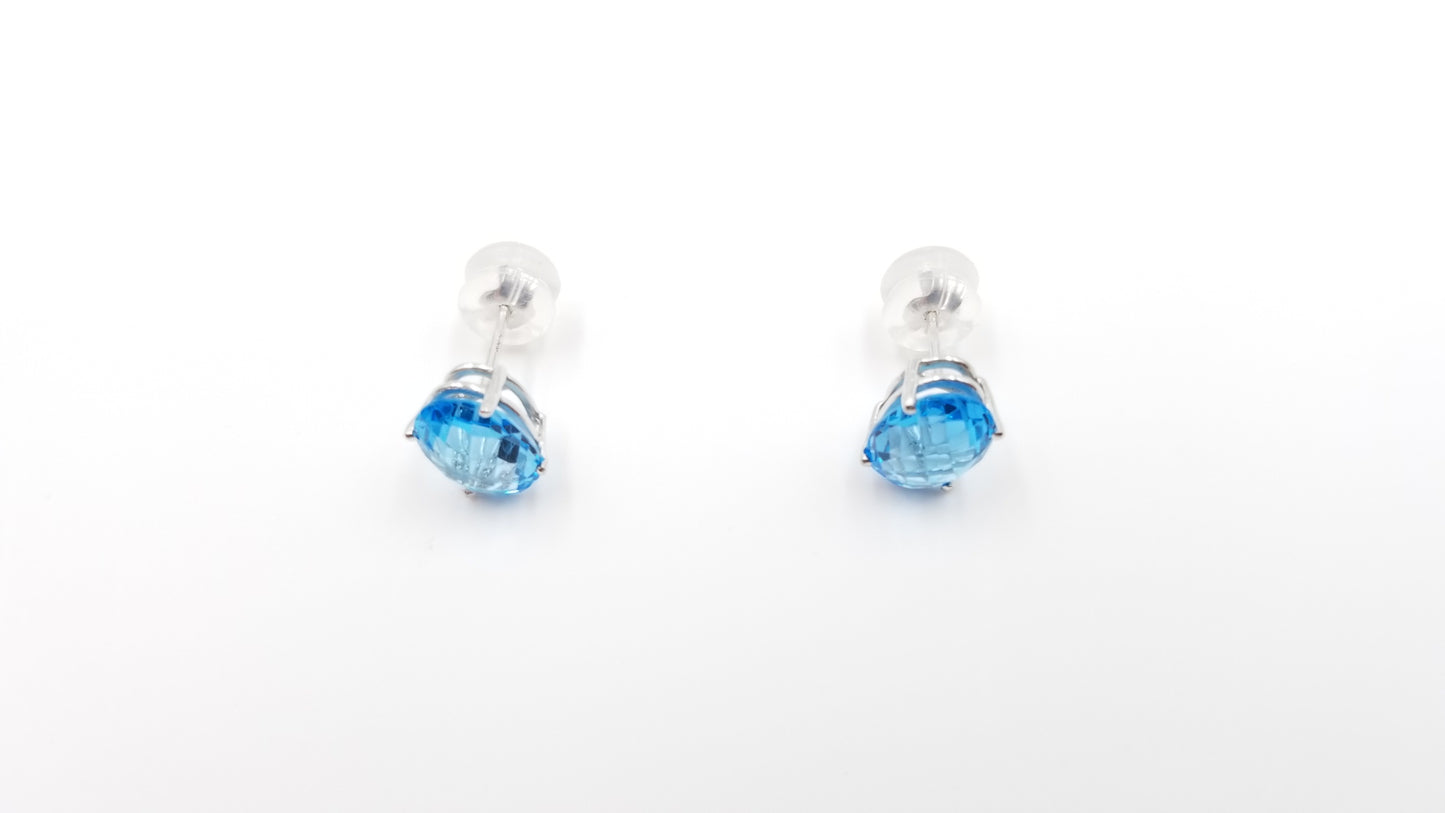 BLUE TOPAZ 7X9 MM CHECKER BOARD CUT OVAL 14 KT WHITE GOLD PRONG SET STUDS EARRINGS