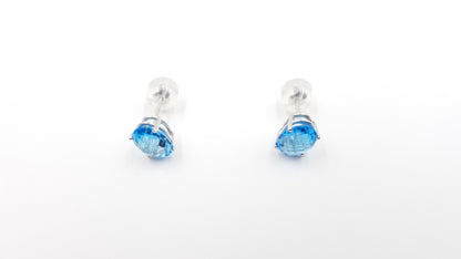 BLUE TOPAZ 7X9 MM CHECKER BOARD CUT OVAL 14 KT WHITE GOLD PRONG SET STUDS EARRINGS
