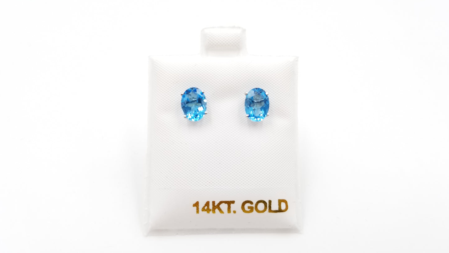 BLUE TOPAZ 6X8 MM OVAL SHAPE 14 KT WHITE GOLD PRONG SET STUDS EARRINGS