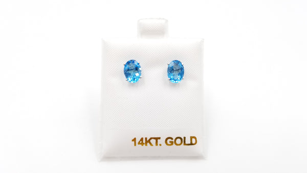 BLUE TOPAZ 6X8 MM OVAL SHAPE 14 KT WHITE GOLD PRONG SET STUDS EARRINGS