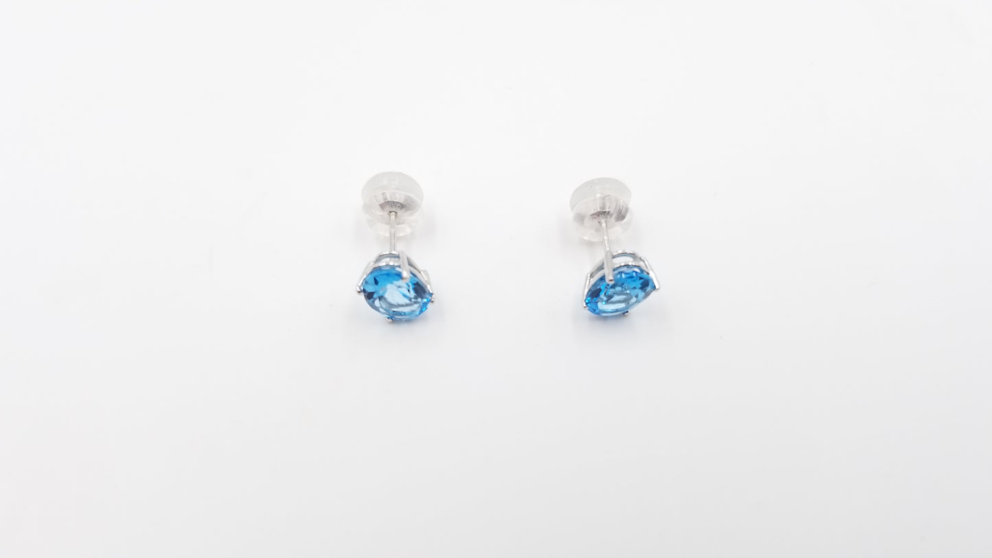 BLUE TOPAZ 6X8 MM OVAL SHAPE 14 KT WHITE GOLD PRONG SET STUDS EARRINGS